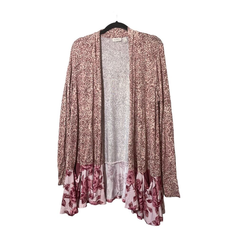 LOGO Lori Goldstein Floral Dots Open Cardigan Jersey Knit Pink Medium Cottage